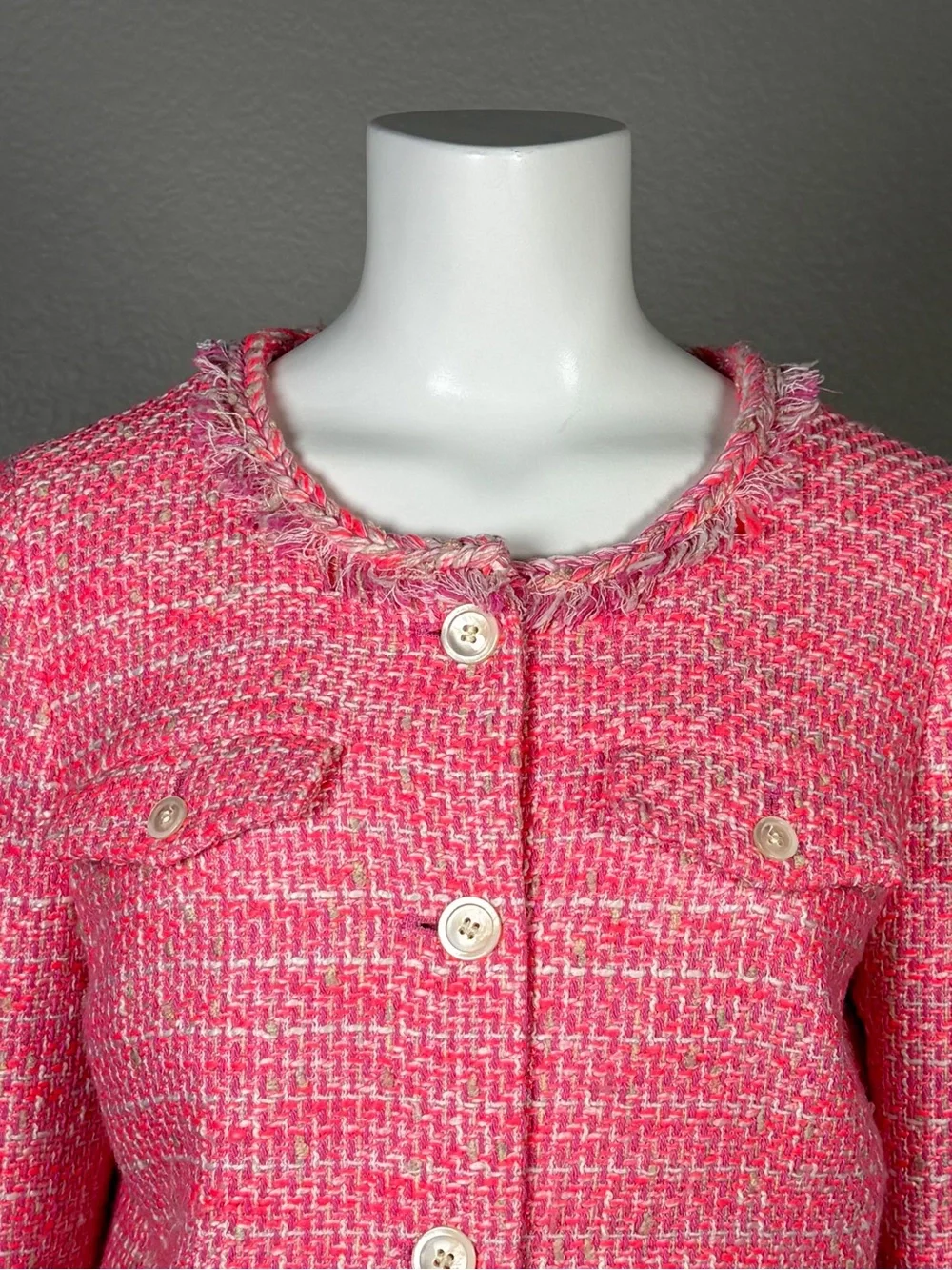 J.Crew Pink Tweed Lady Jacket Peplum Fringe Braided Trim Blazer Size 8